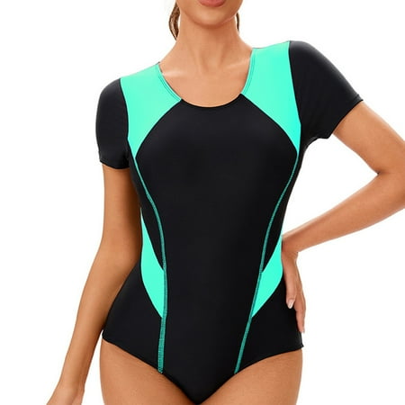 Women s Short Sleeve One Piece Rash Guard Swimsuit UPF50+ Surfing Athletic Bathing Suit Cyan XL