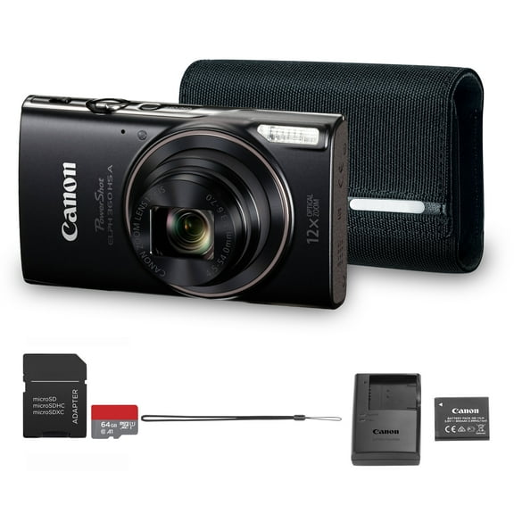 Canon PowerShot ELPH 360 HS A Digital Camera (Black) | 20.2MP CMOS Sensor, 12x Optical Zoom & Built-In Wi-Fi | Compact Point-and-Shoot for Travel, Family & Everyday Photography (7280C001)   64GB Card