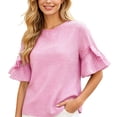 thumbnail image 2 of Xaqiouau Womens Gingham Ruffle Bell Sleeve Blouse Casual Crew Neck Check Print Summer Top, 2 of 7