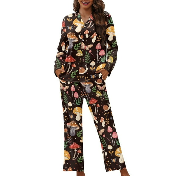 DISNIMO Butterfly Mushroom Print Women Pajama Sets Long Sleeve Sleepwear with Long Pants 2 Piece Lounge Set with Pockets Button Down Loungewear Nightwear, XS