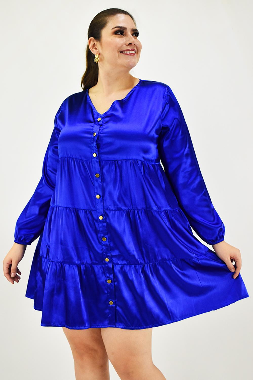 Vestidos máximos de satén estilo princesa con escote en V y bolsillos Azul tinta Tallas Grandes