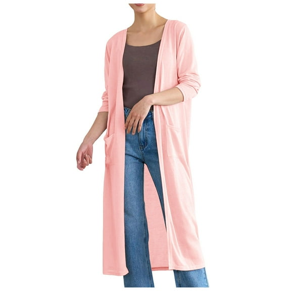 GEWSEY Women's Lightweight Longer Length Open-Front Long-Sleeve Cardigan Sweater (Pink, One Size)
