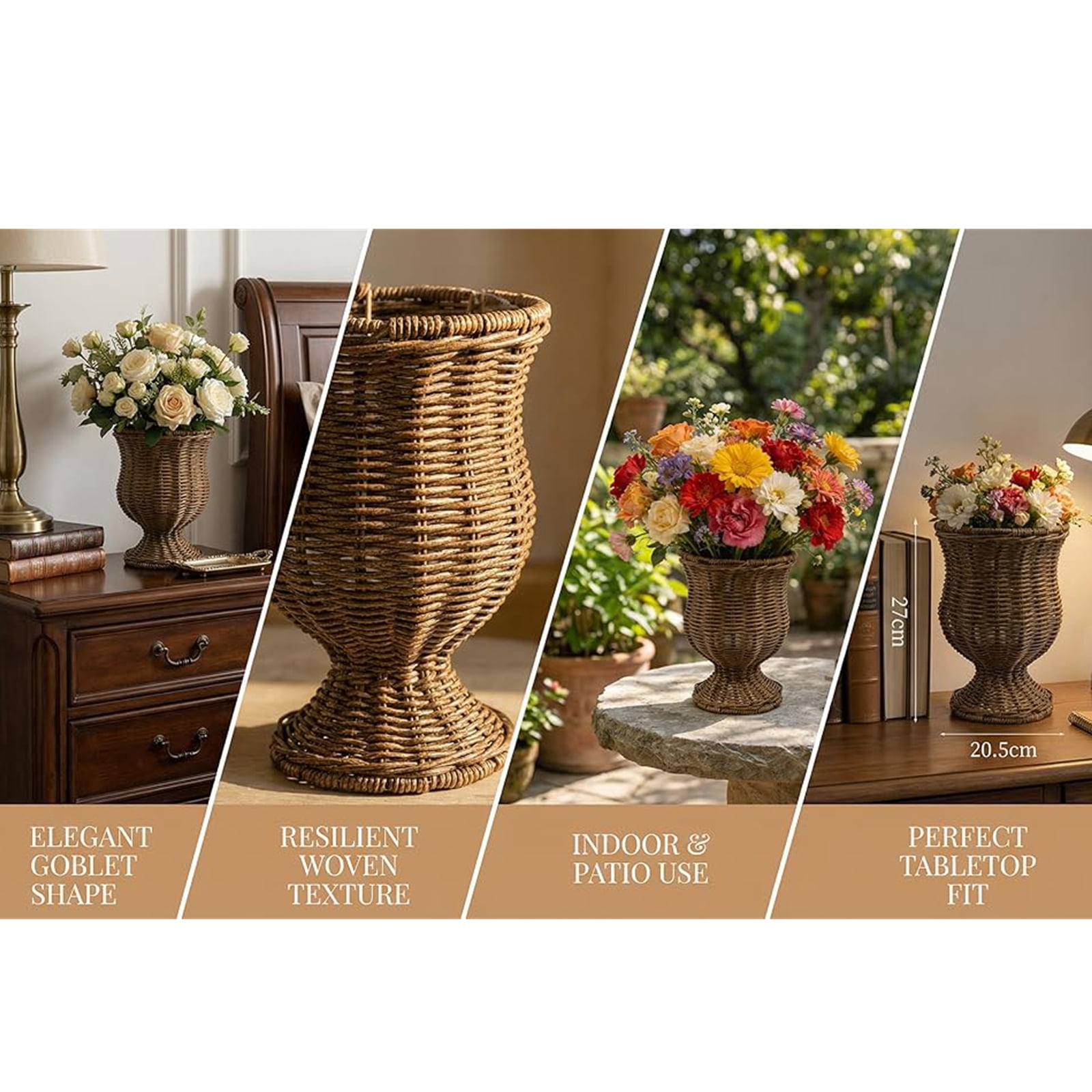 Bxaolu  Urn-Goblet Woven Planter, 10.67"x8.1" Handwoven Boho Wicker Basket,Woven Decorative Storage Basket and Planter for Porch Patio Backyard Home Garden
