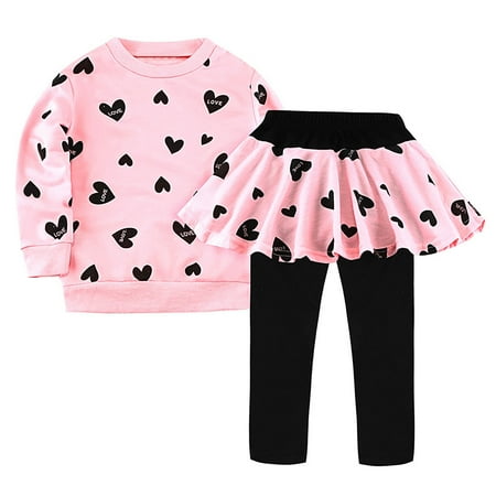 

TIREOW Children Girl s Comfortable Sets Little Girls Outfits Clothes Toddler Long Sleeve Heart Print Hoodie Shirts Top+Leggings Kids Clothing Set