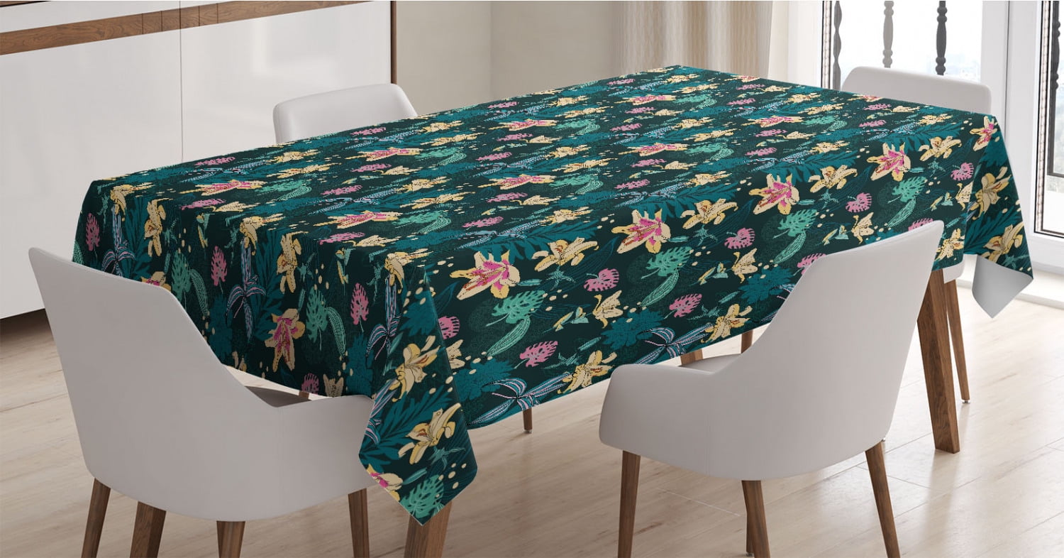 Ambesonne Monstera Tablecloth Yellow and Multicolor 52 X 70 Rectangle Satin Table Cover Accent for Dining Room and Kitchen Tropical Leaves Leopard Skin Print and Bird of Paradise Blooms Pattern