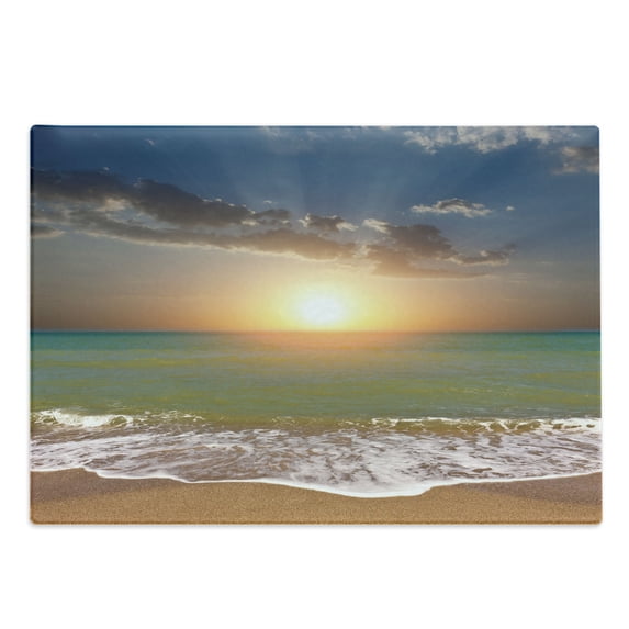 Seascape Cutting Board, Panorama of Sunset over Ocean Horizon and Sand Beach Fluffy Clouds in Sky, Decorative Tempered Glass Cutting and Serving Board, in 3 Sizes, by Ambesonne