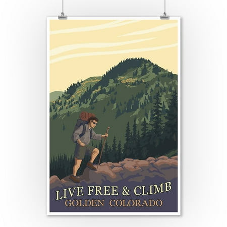 Golden, Colorado - Live Free & Climb - Mountain Hiker - Lantern Press Artwork (9x12 Art Print, Wall Decor Travel