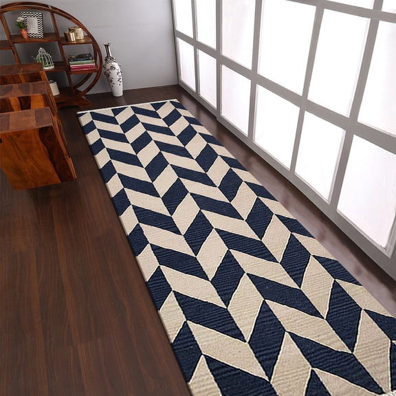 Rugsotic Carpets Hand Woven Flat Weave Kilim Wool Eco-Friendly 2'6''x12' Area Rugs Runner Blue White Contemporary Modern Design Low Pile Indoor Handmade Rug for Living Room, Bedroom D00133