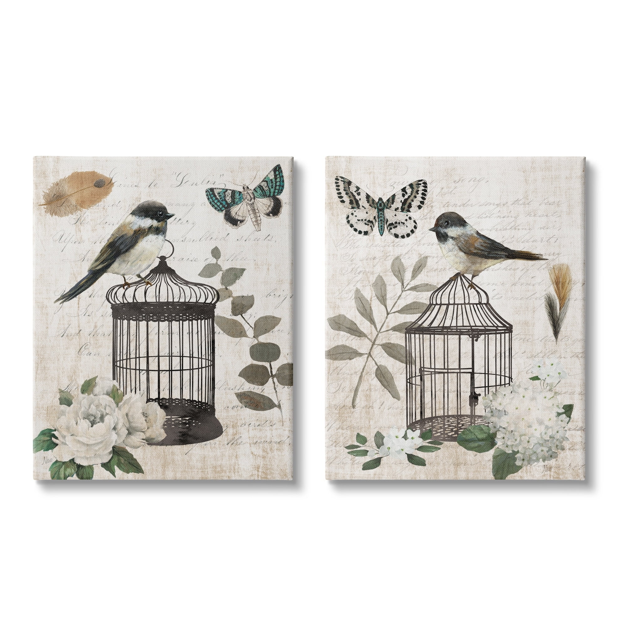 Stupell Industries Vintage Perched Bird Cage Butterfly Timeless Cursive Graphic Art Gallery Wrapped Canvas Print Wall Art, Set of 2, Design by Nan