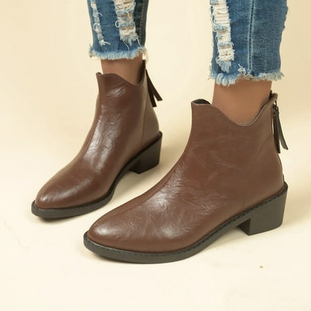 

YOUSNH Ladies Fashion British Solid Leather Pointed Back Zipper Thick Heel Short Ankle Boots Womens Boots Brown 6.5