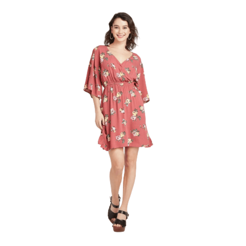 Floral Print Elbow Sleeve Wrap Dress 