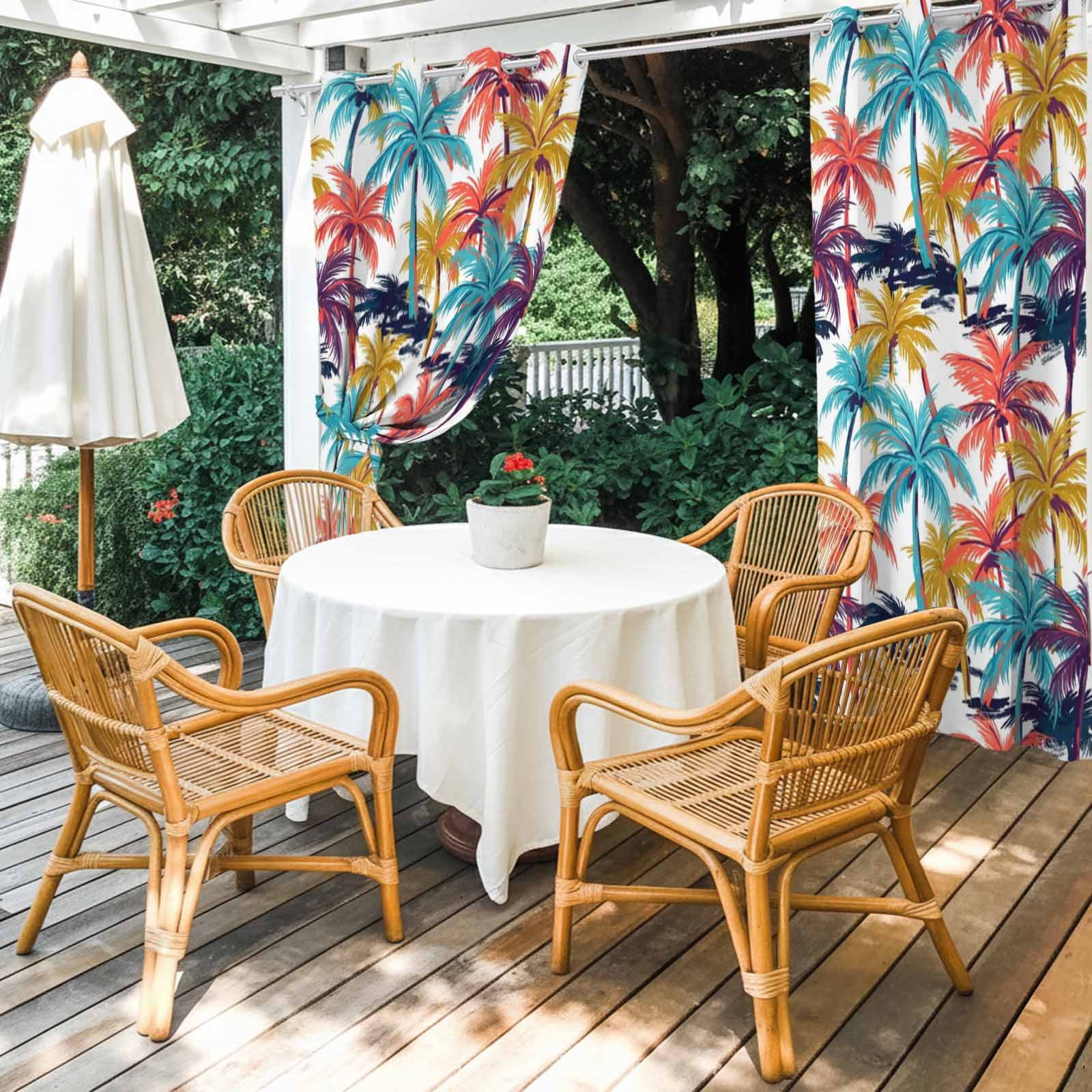 Palm Tree Outdoor Curtains for Patio, Summer Coastal Orange Blue Yellow Tropical Leaf Sunshade Privacy Drapes Grommet Waterproof Outside Curtains for Porch/Cabana/Balcony 54"x 95", 2 Panel