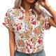 thumbnail image 1 of Camiseta con cuello en V para mujer, manga corta, blusas informales estampadas holgadas para uso de verano, flor amarilla S, 1 of 6