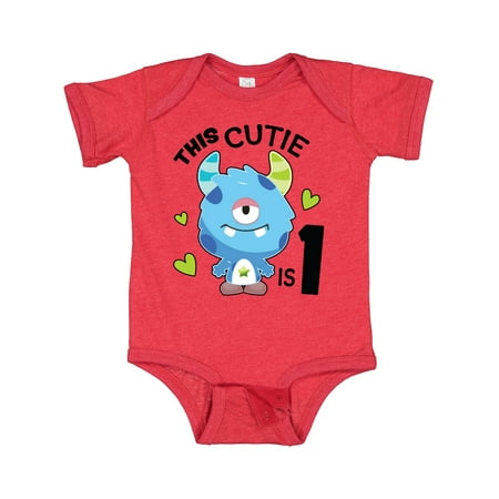 

Inktastic This Cutie is 1 with Cute Blue Monster and Hearts Gift Baby Boy Bodysuit