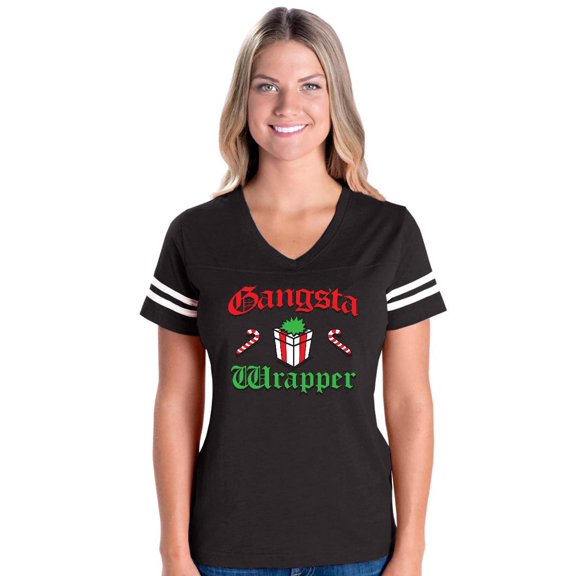 Womens Christmas Wrapper Football V-Neck T-Shirt
