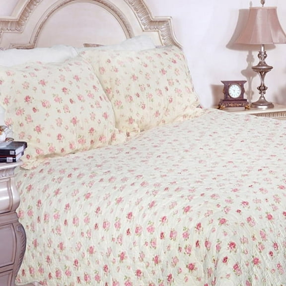Pink Kingdom 100% Cotton 3PC Classic Floral Vermicelli-Quilted Quilt Set (Full/Queen Size)