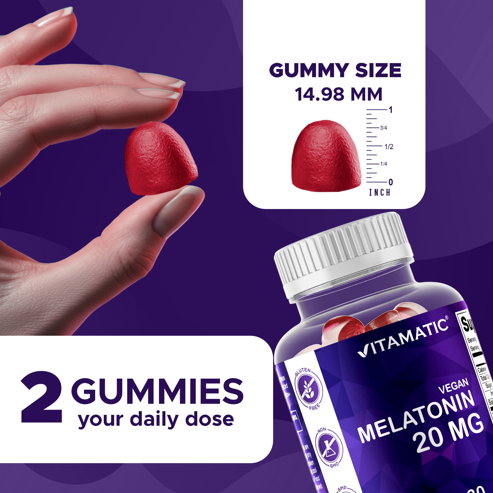 3 Pack Vitamatic Melatonin 20mg gummies for adults, 30 Servings - 60 Vegetarian Gummies - Non-Habit Forming Supplement