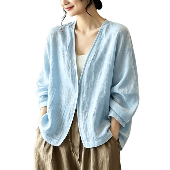 bovemsi Blouses for Women Dressy Casual Long Sleeve Lightweight Loose Cotton Cardigan Cover Ups With Pockets Cute Summer Tops