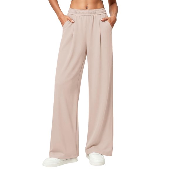 HAPIMO Elastic Waist Pleated Wide Leg Lounge Suit Pants Women High Waist Flowy Casual Pants for Office and Daily Wear Beige L