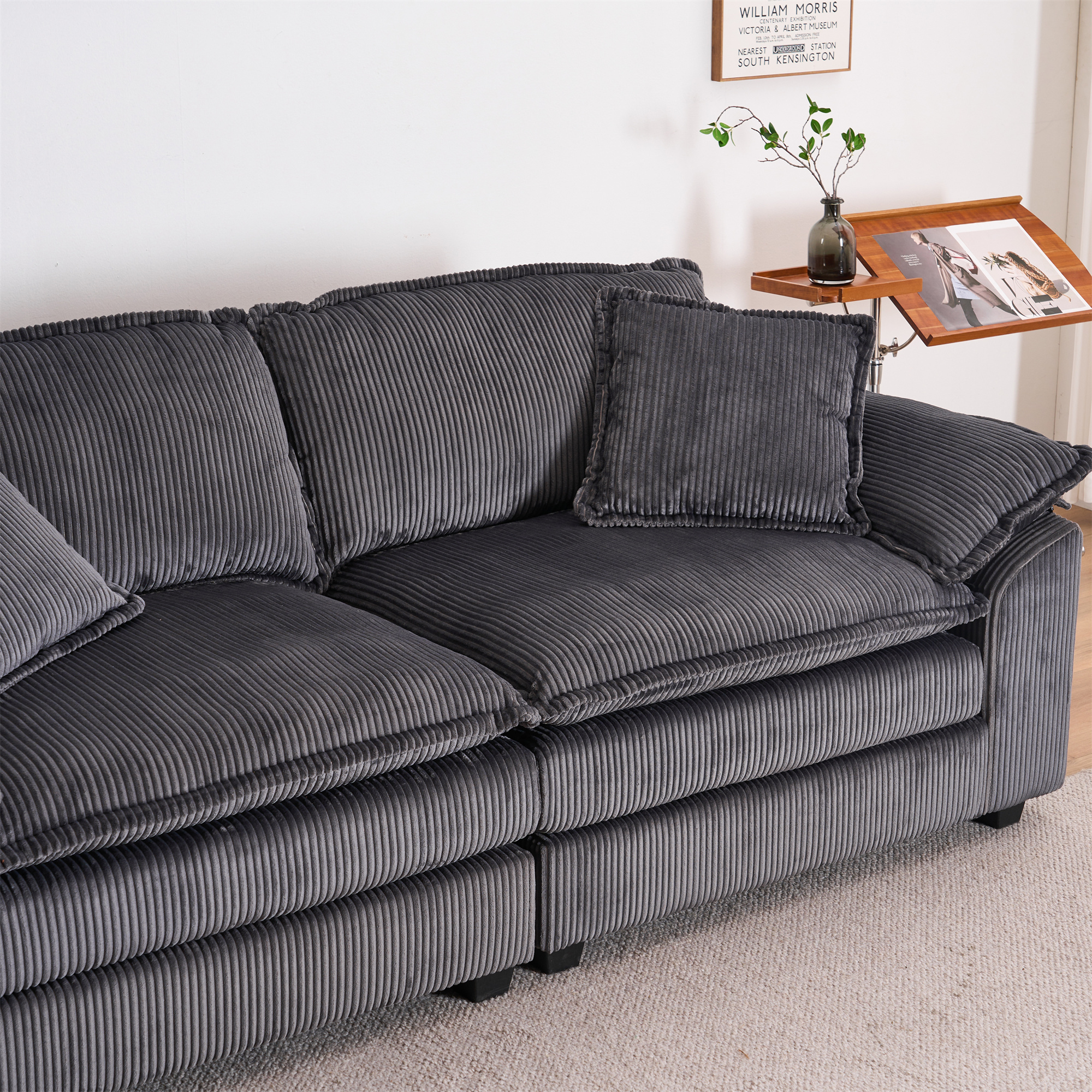Aukfa Modular Sectional Couch Deep Seat Loveseat Sofa with 2 Ottoman for Living Room, 6 Pillows, Corduroy, Gray