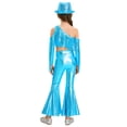 thumbnail image 2 of TSSOE Kids Girls Shiny Metallic Disco Dance Outfits Sparkle Sequins Tassels Crop Tops with Bell Bottoms Long Pants and Hat Light Blue 14, 2 of 5