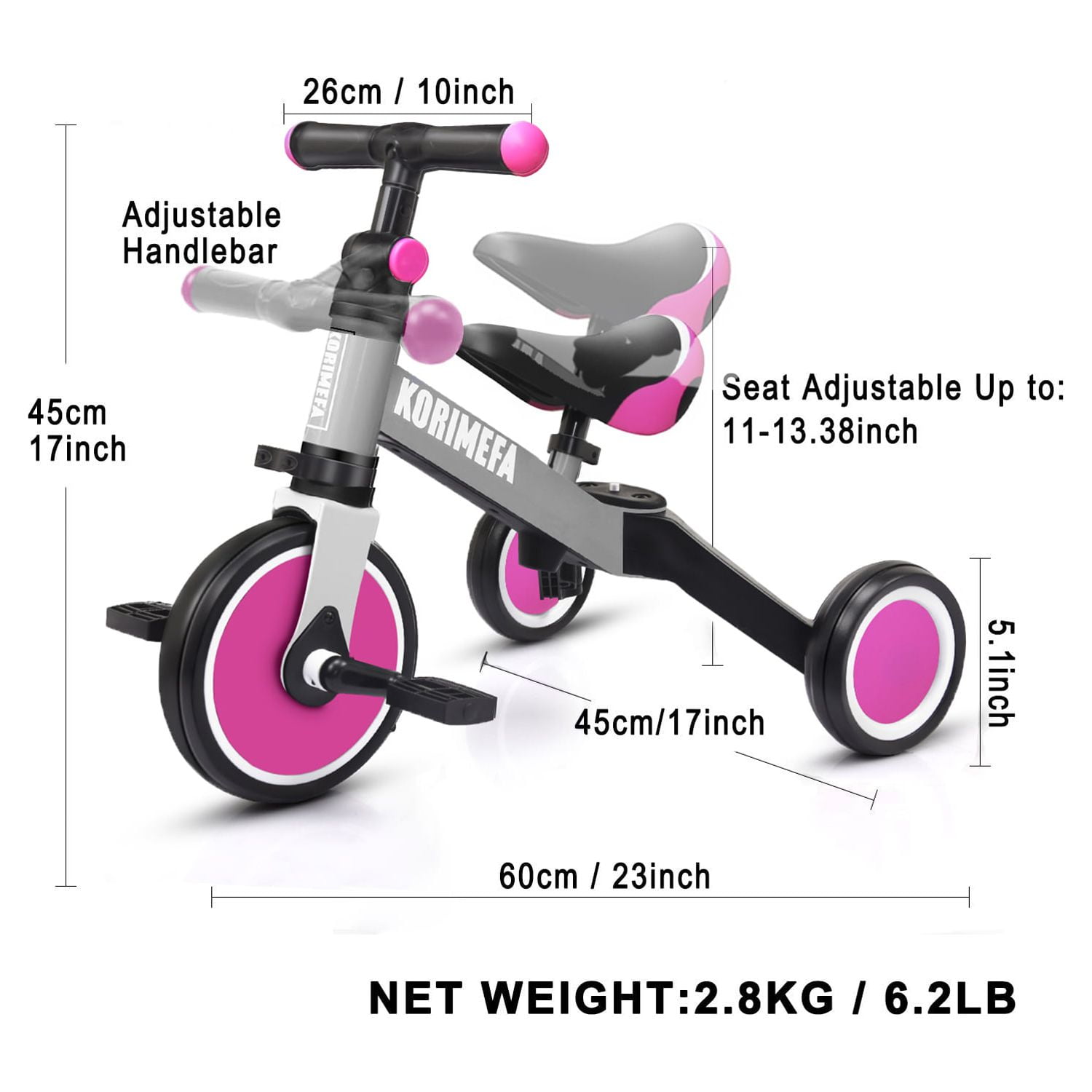 KORIMEFA 3 in 1 Kids Tricycle for 1-4 year olds, Toddler Bike Kids Trike for Balance Training, Baby Bike for Boy Girl