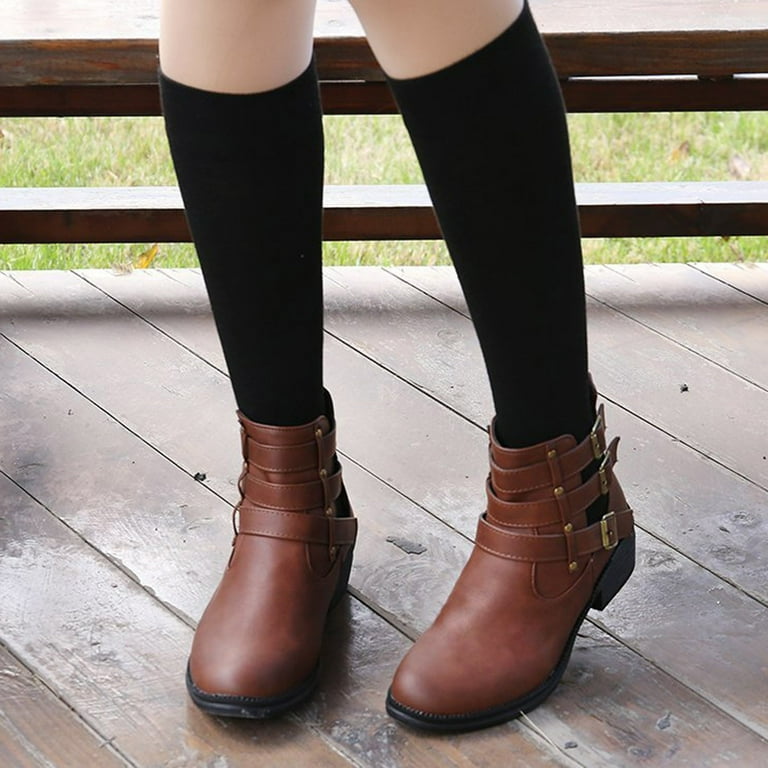 Women s Motorcycle Ankle Boots Hollow Belt Buckle Biker Boots with Low Heel for Ladies Boots for Women Women s Ankle Boots Chunky Heeled Booties for