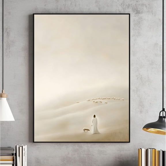 Faithful Shepherd Wall Art, Jesus Leaves The 99, Minimalist Neutral Painting, Modern Bible Print Art, Christian Faith UNFRAMED PAPER POSTER, Home Decor, Vintage Gift, Living Room Dercor