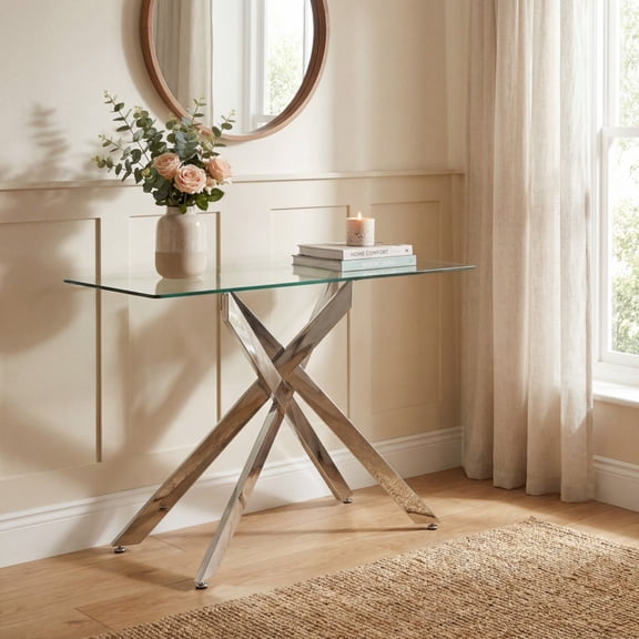 ELLEGNT Clear Glass Console Table – Heavy Duty Metal Legs with Tempered Top