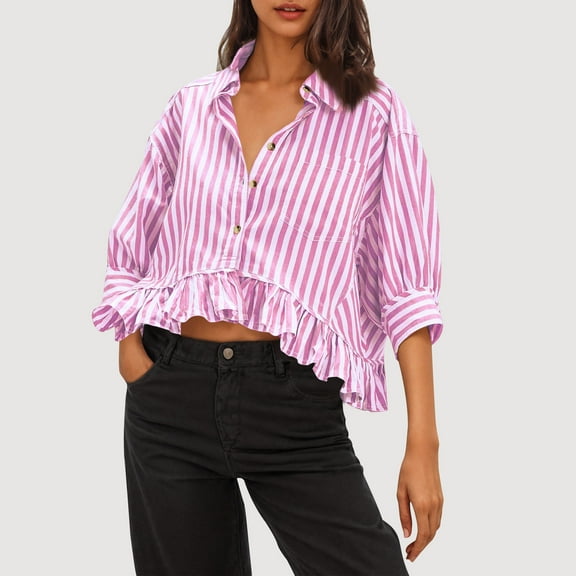 Heisall Womens Summer Tops Dressy Casual Blouse Top Ruffled Short Sleeve Button Down Striped Shirt