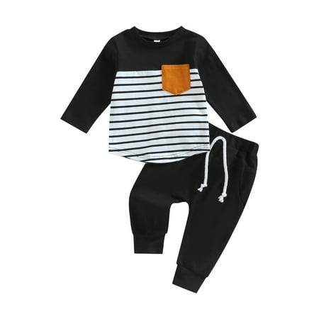 

Baby Boy Spring Fall Clothes Long Sleeve Striped Front Pocket Shirt Top Sweatpants 2Pcs Casual Outfit