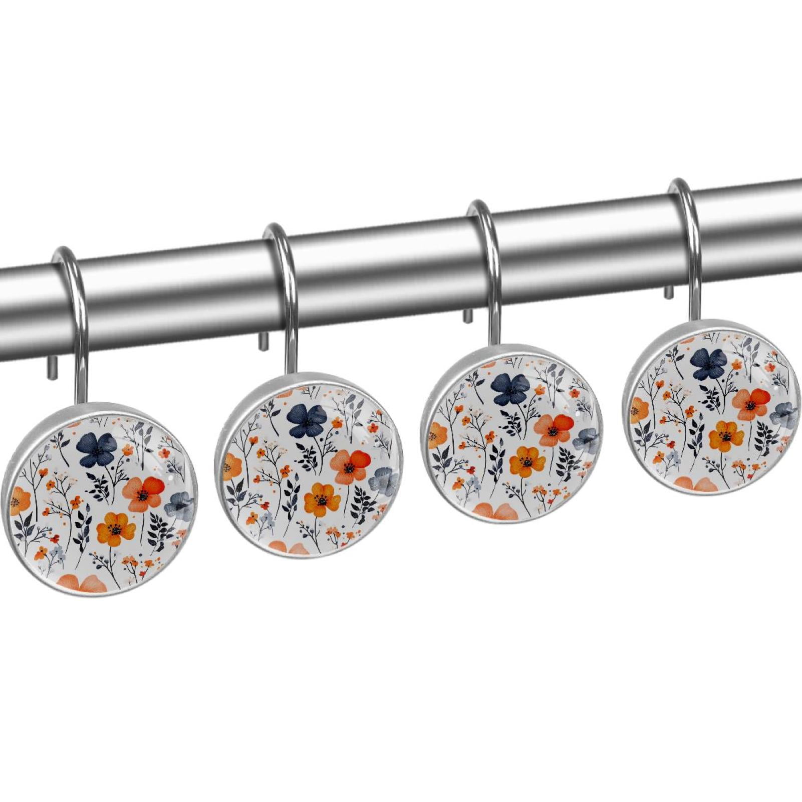 Hibiscus Flower Patterns Shower Curtain Hooks Round Crystal Glass, Set of 12 Shower Curtain Rings - Shower Hooks for Curtain Shower Rings