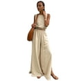 thumbnail image 2 of Women'S 2 Piece Outfits Linen Vest Waistcoat Dressy Casual Sets High Slit Wide Leg Pants Suits Khaki L, 2 of 7