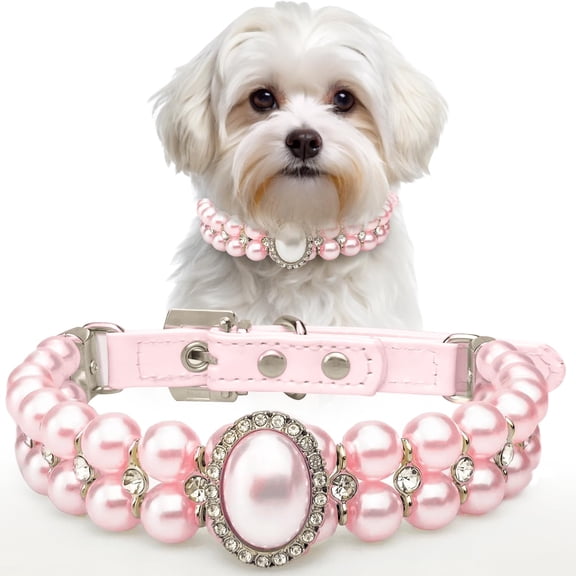 Small Dog Cat Big Pearl Collars with Crystal Rhinestone Diamond Décor, Adjustable Cute Fashion Pet PU Leather Necklace for Wedding Birthday Party (for Cats and Puppies)