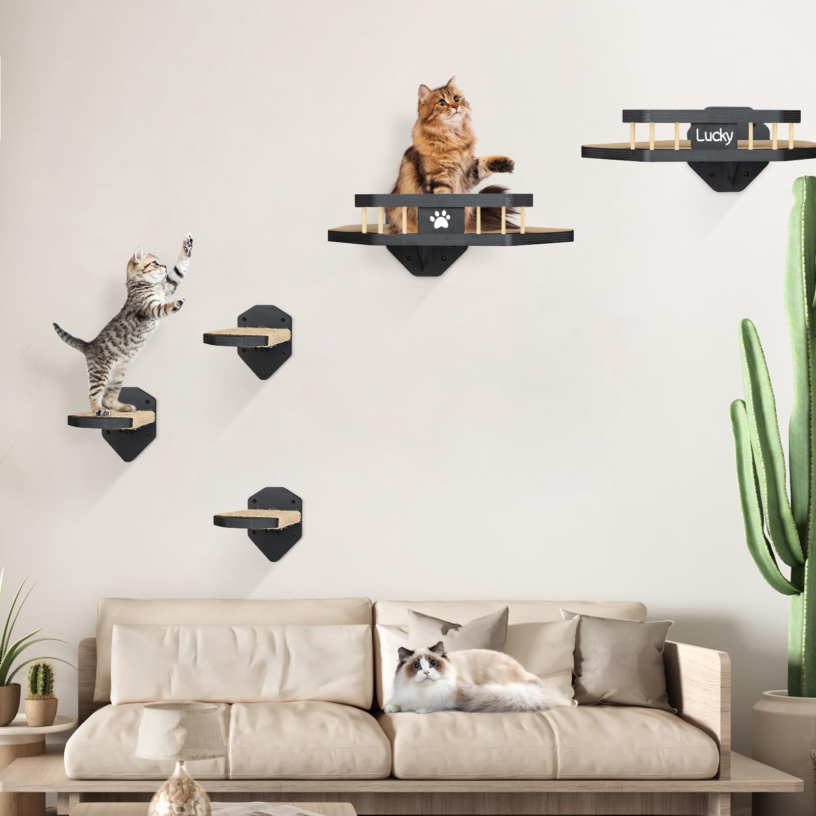 Cat Wall Furniture Wall Mounted, 2PCS Cat Shelves and Cat Perches for Wall with 3 Cat Wall Steps and Scratching Pad, Cat Wall Shelves Fit Cat Up to 15Lbs, Wood Cat Hammock Wall Mount (Black)