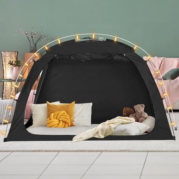® Bed Canopy with Lights, Sleeping Dream Full Bed Tent, Portable Cottage Drafty Room Blackout Breathable Privacy Big Indoor Tents for Girls & Boys Bedroom Decor, Black