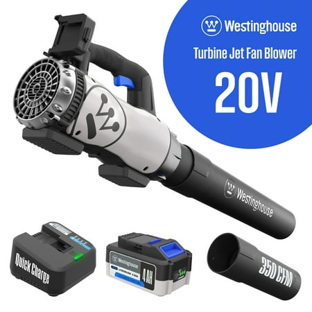 Westinghouse Cordless 20V Leaf Blower with 4Ah Battery and Charger, 350 CFM and 110 MPH Max Airspeed, 2 hr. Charge Time with Variable Speeds
