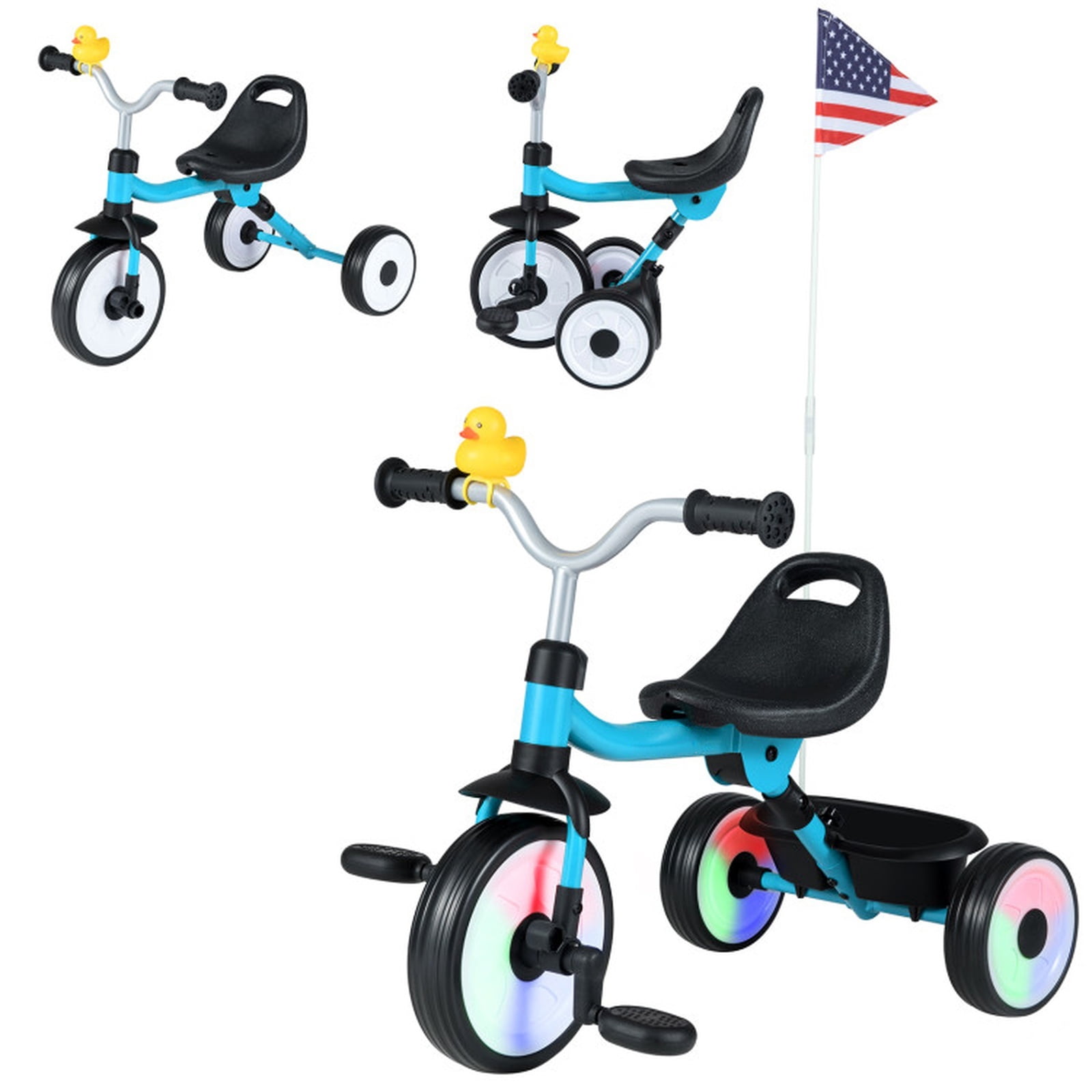 Redsmile Toddler Tricycle for 1-3 Years, Kids Trike with Light-Up Wheels, 3-Position Seat & Storage Basket, Foldable Push Walker Toy, Removable Pedals for Boys Girls, Christmas Gift, Blue