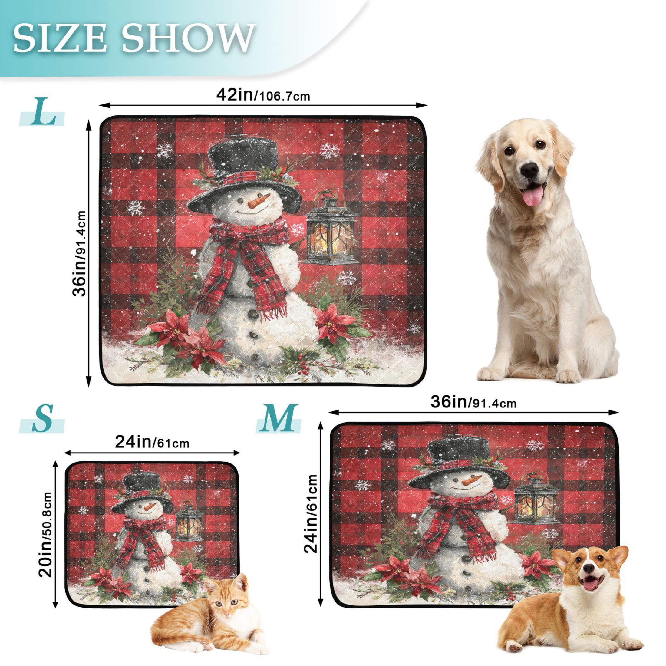 Qxltty Red Checkered Snowman Cat litter Pads Pet Set of 2 Diaper Mats Center Anti-leakage Layer Absorbent Soft and Comfortable