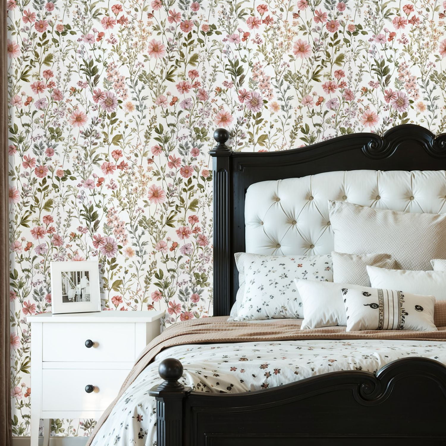 Peel and Stick Wallpaper Vintage Botanical Floral Soft Pink Green Hues Wall Mural 23.6in x 9.8ft Self Adhesive Removable Wall Paper Renter Friendly Wallpaper for Nursery Bedroom Cabinets