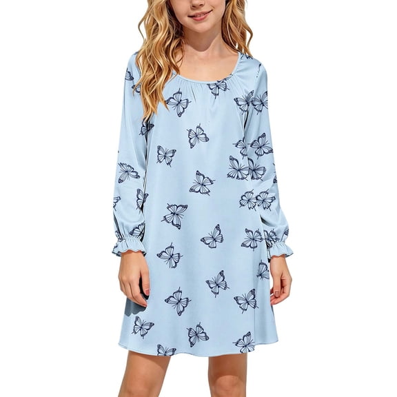 JOANKDMI Girls Butterfly Pattern Nightgowns Long Sleeve Sleepwear Soft Nightshirt Comfy Casual Lounge Dress Ruffled Cuff Sleep Shirt Pj Nightwear Slumber Party Kids