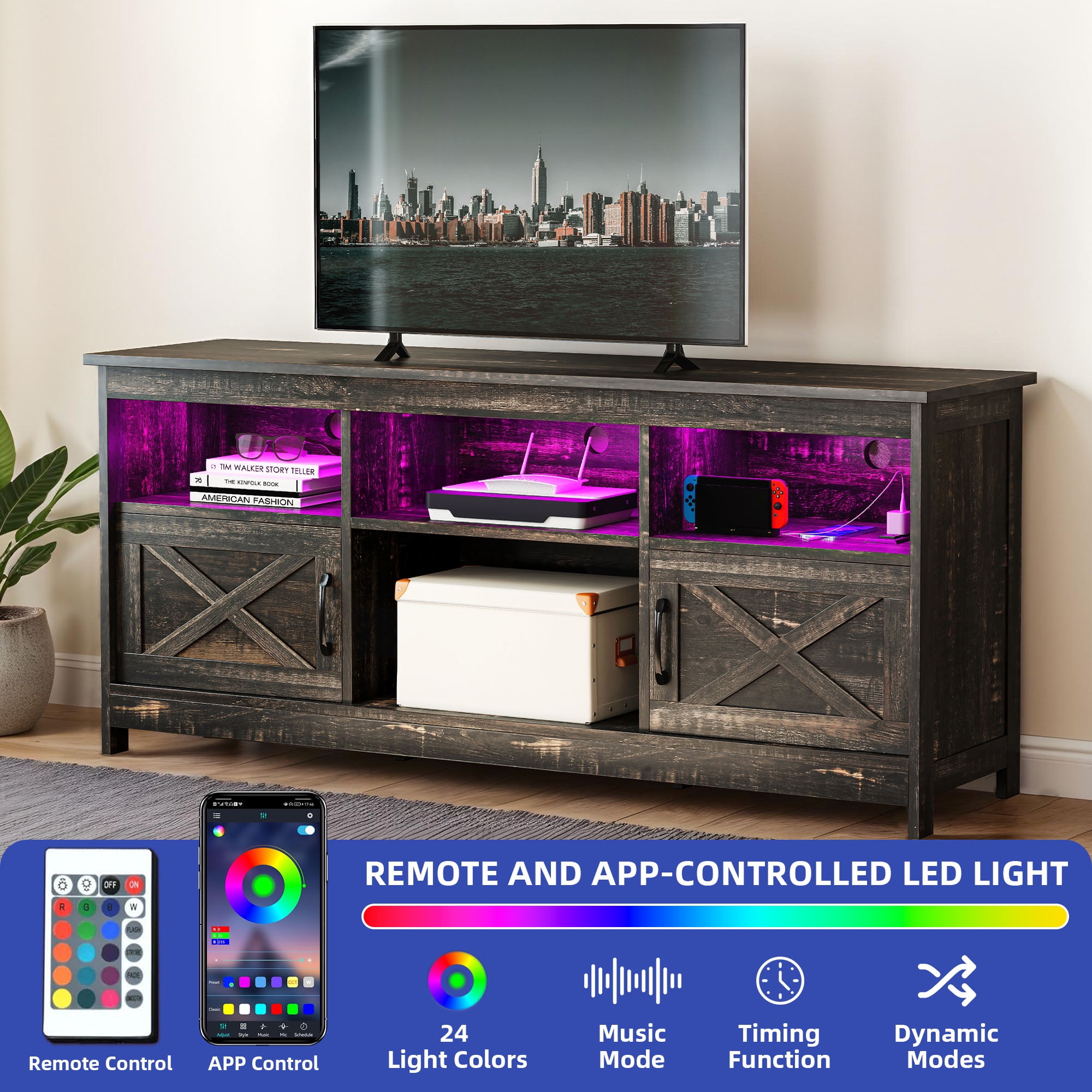 ModFusion Rustic Black TV Stand with Support for 70" Screens, Dual Doors with Magnetic Hinges, Adjustable Shelves, LED Lighting, Cable Management, Freestanding Design, and 300 lb Capacity