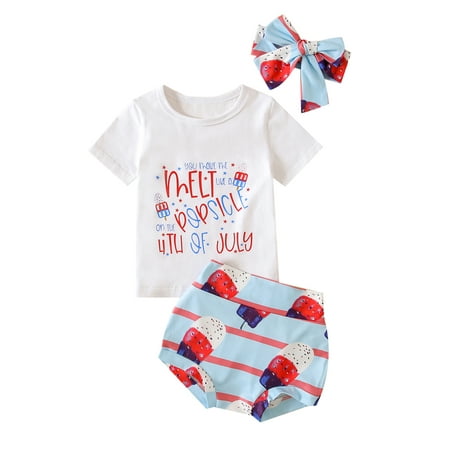 

Suanret Toddler Baby Girls Independence Day Clothes Letter Print Short Sleeve T-shirt + Ice Cream Shorts + Headband White Blue 12-18 Months