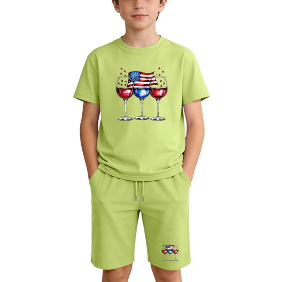 Kids Green 4th of July 2 Piece Short Sleeve Shirt & Drawstring Shorts Set Unisex Patriotic Summer Cotton Outfit Kids Boy Girl 100-160,Size 9 T