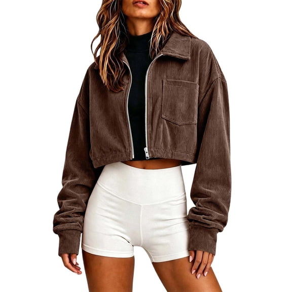 AloohaidyvioNo Boundaries Womens Cropped Jackets Trendy Lightweight Fall Long Sleeve Lapel Corduroy Zip Up Jacket with Pockets