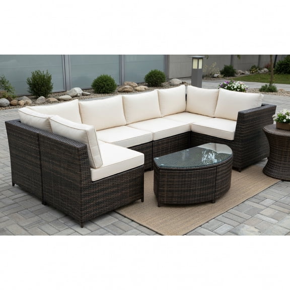 Topcobe 6 Piece Wicker Patio Sectional Sofa Set with Tempered Glass Coffee Table, Outdoor Furniture, White
