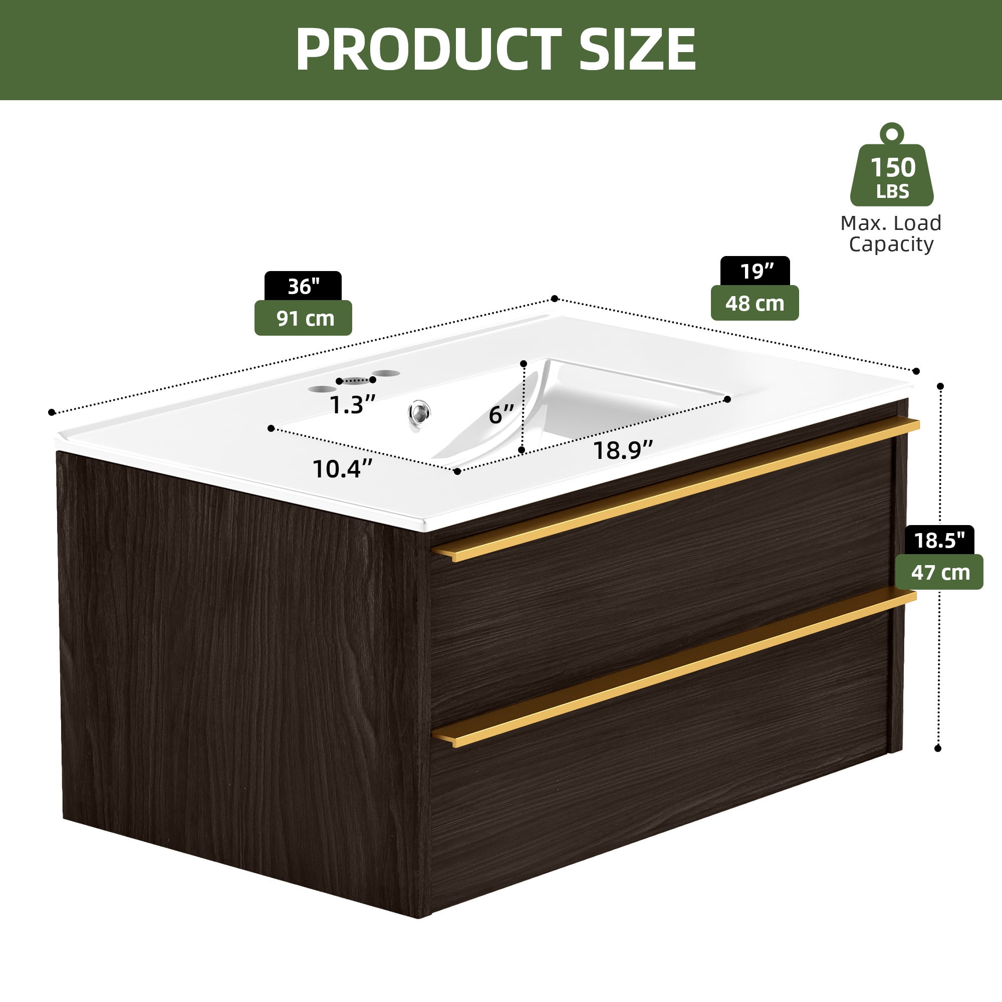 Uforic 36" Bathroom Vanity Floating Wall Mounted Single 2 Drawers, Ceramic Vanity Tabletop, Bathroom Cabinet with Storage Cabinet for Washroom, Black and White