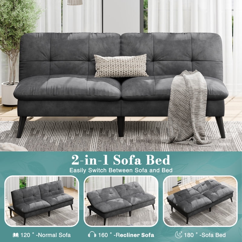 Walsunny 60” 3 in 1 Convertible Sofa Bed, Foldable Sleeper Futon Couch Bed with 3-Angle Adjustment, Soft Dutch Velvet Loveseat Couch for Small Space, Suitable for Relax, Dark Grey