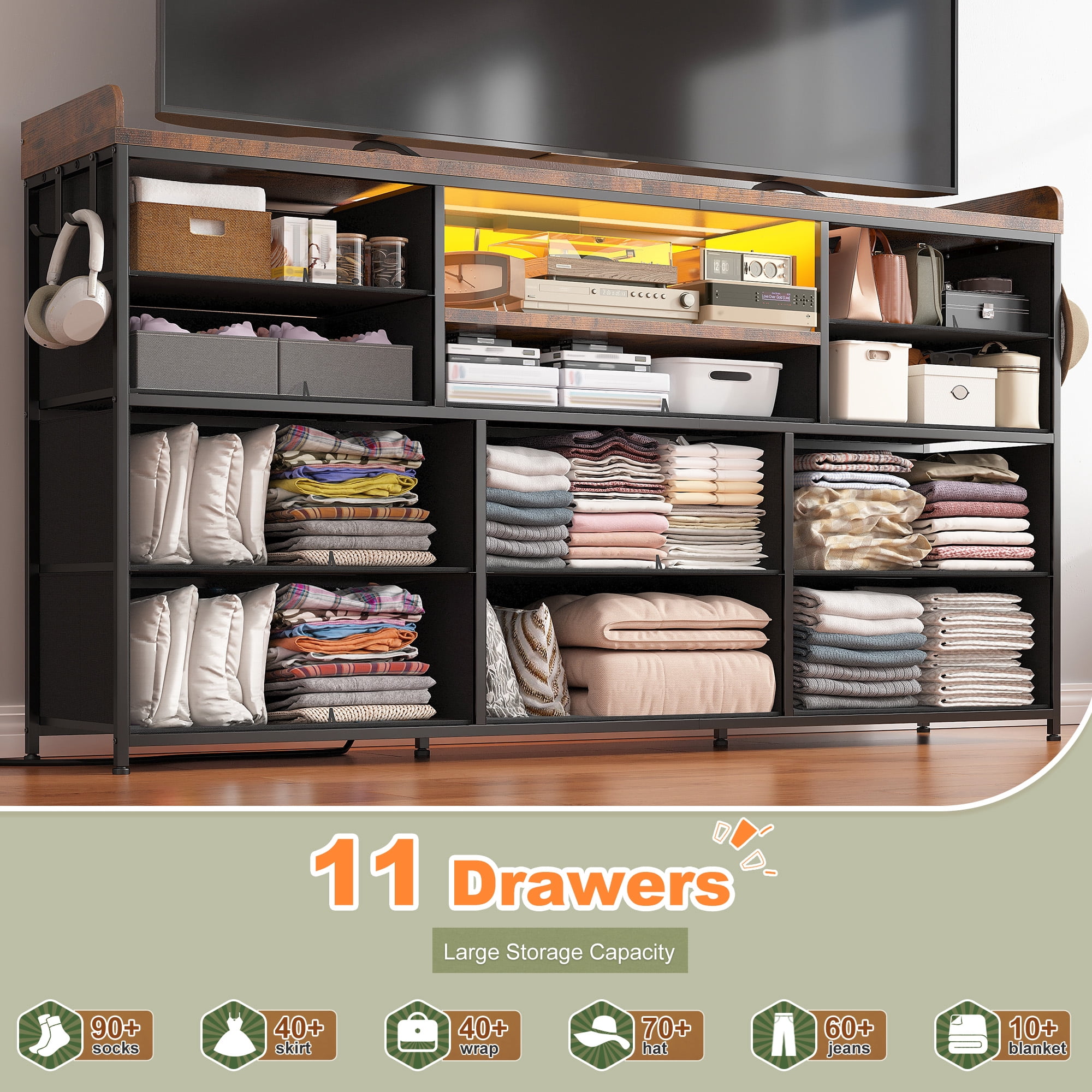 Dresser for Bedroom with 11 Drawers for 60" TV Stand with LED Lights & Charging Station Wide Dresser with Shelves & 4 Hooks Sturdy Metal Frame & Fabric & Wood Top,Rustic Brown