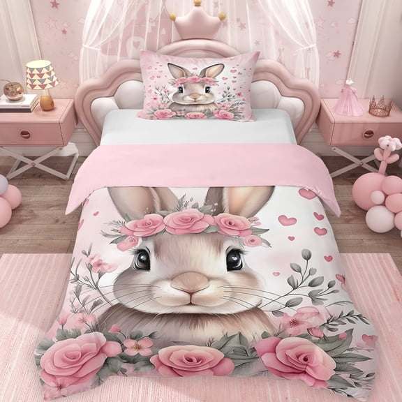 Erosebridal Happy Easter Rabbit Twin Bedding for Girls, Pink Flower Duvet Cover Set, Pink Reversible 2-Piece, 1 Duvet Cover and 1 Pillowcase, No Comforter